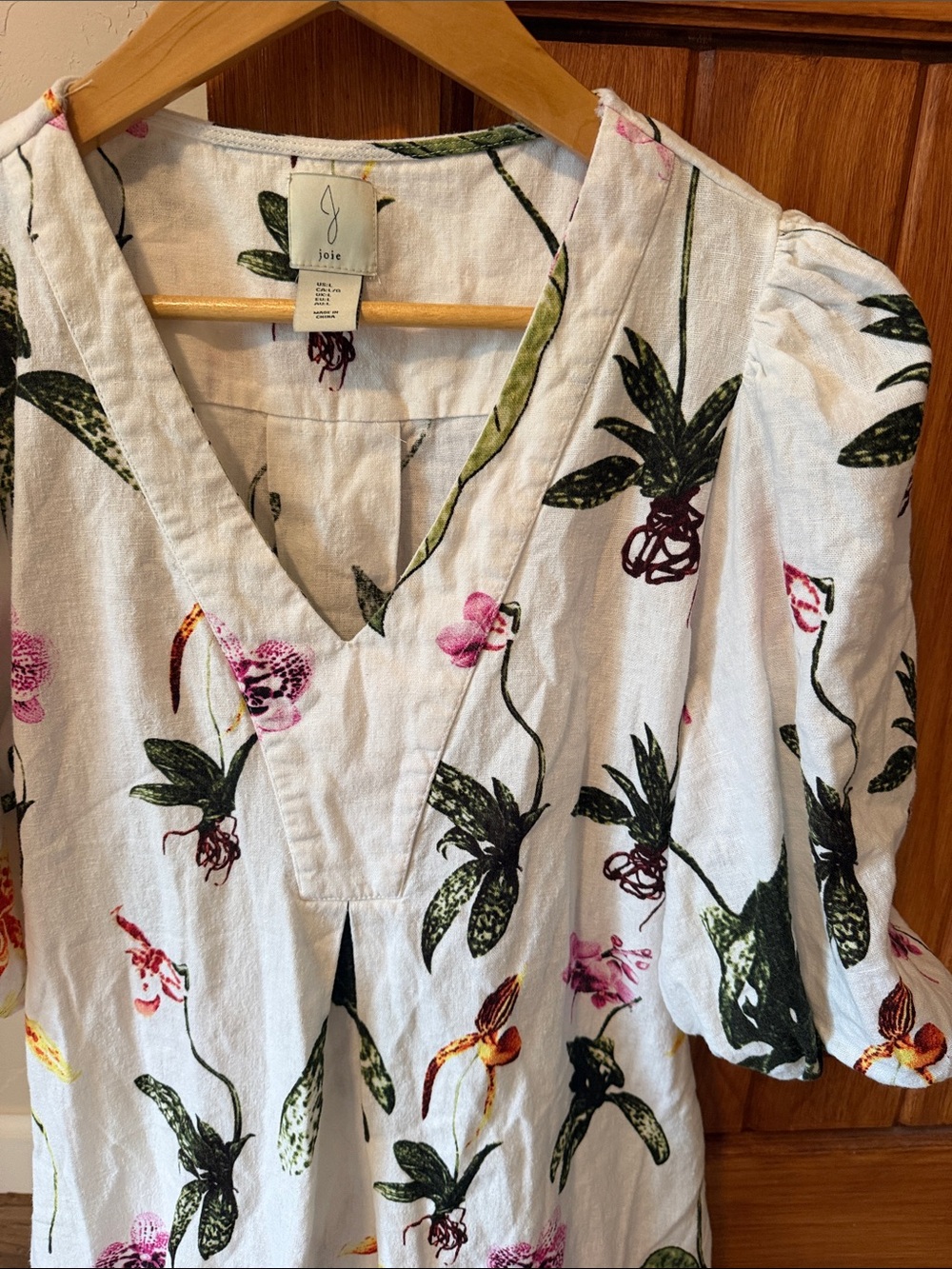 Joie Orchid Botanical Print Linen Puff Sleeve Dress Floral White Boho Size L - Picture 4 of 9